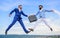 Businessmen jump fly mid air while hold briefcase. Case with raise your business. Successful transaction between
