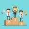 Businessmen or managers on the podium with the winning hand. Cartoon vector image