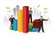 Businessmen and office workers study infographic column graphs, analyze the business data