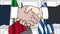 Businessmen or politicians shake hands against flags of Italy and Greece. Official meeting or cooperation related