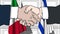 Businessmen or politicians shake hands against flags of Italy and Israel. Official meeting or cooperation related