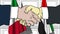 Businessmen or politicians shake hands against flags of Italy and UAE. Official meeting or cooperation related cartoon