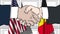 Businessmen or politicians shake hands against flags of USA and Belgium. Official meeting or cooperation related cartoon