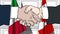 Businessmen or politicians shaking hands against flags of Italy and Canada. Meeting or cooperation related cartoon