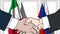 Businessmen or politicians shaking hands against flags of Italy and Russia. Meeting or cooperation related cartoon