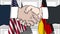 Businessmen or politicians shaking hands against flags of USA and Germany. Meeting or cooperation related cartoon