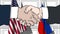 Businessmen or politicians shaking hands against flags of USA and Russia. Meeting or cooperation related cartoon