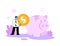 Businessmen putting a big cooin into the piggy bank. Income and savings concept. Flat vector illustration. Isolated on