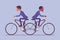 Businessmen riding push me pull you tandem bicycle