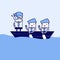Businessmen in rowing boat two rowers one captain manager boss leader. Cartoon character thin line style vector