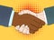 Businessmen shake hands vector illustration in retro pop art style. Partnership handshake concept poster in comic design