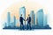 Businessmen shaking hands in front of cityscape illustration AI Generated