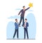 Businessmen support colleague to reach for star, goal or success. Man hold star, teamwork with friends, success
