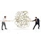 Businessmen try to solve a tangled rope. Concept of partnership