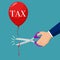 Businessmen use scissors to cut tax balloons. Business idea