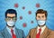 Businessmen using face mask and covid19 particles pop art style