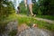 Businessmen Walking On Footpath By Lit Tealight Candle In Forest