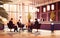 businesspeople discussing during meeting in hotel lobby business people sitting near reception desk horizontal