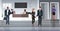 Businesspeople discussing during meeting at reception registration desk modern business center lobby interior horizontal