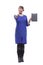 Businesss woman holding clipboard over isolated background