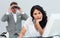 Businesswoman annoyed by a man using binocula