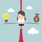 Businesswoman balancing on the rope with ideas and money.