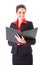 Businesswoman with black open folder, isolated