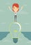 Businesswoman on a bulb cross an abyss. Vector