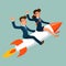 Businesswoman and businessman fly to success innovation rocket ship female business startup cartoon design vector