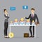 Businesswoman buyer select and buys ready-made business. Cartoon salesman offer various franchises and licenses