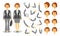 Businesswoman character creation set. Icons with different types of faces and hair style, emotions, front, rear, side