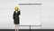 Businesswoman character showing presentation, gesture pointing.front whiteboard.1(included alpha)