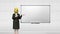 Businesswoman character showing presentation, gesture pointing.front whiteboard in conference room.1(included alpha)