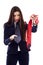 Businesswoman choosing between blue and red necktie