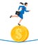 Businesswoman on coin walking on rope