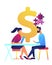 Businesswoman at desk helps businessman solve puzzle vector illustration.