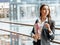 Businesswoman with documents for work. Student girl with folders with documentation. An officer will collect information