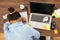 Businesswoman doing head down on desk