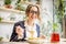 Businesswoman eating pasta at the restaurant