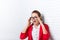 Businesswoman excited wear red jacket glasses happy smiling