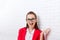 Businesswoman excited wear red jacket glasses happy smiling