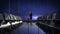 Businesswoman in flight waiting hall. Departure airplane in night sky. moving camera.