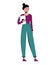 Businesswoman, freelancer holding ipad, flat vector, turquoise and burgundy clothing colors
