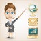 Businesswoman, gold envelope, globe and notebook