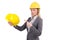 Businesswoman in gray suit and safety helmet