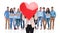 Businesswoman group leader holds valentine`s day heart in front