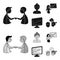 Businesswoman, growth charts, brainstorming.Business-conference and negotiations set collection icons in black,monochrom