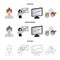 Businesswoman, growth charts, brainstorming.Business-conference and negotiations set collection icons in cartoon,outline