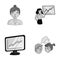 Businesswoman, growth charts, brainstorming.Business-conference and negotiations set collection icons in monochrjme