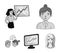 Businesswoman, growth charts, brainstorming.Business-conference and negotiations set collection icons in monochrome